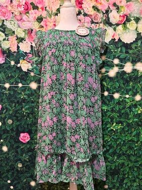 NWT! Umgee Green and Pink Floral Babydoll Dress
